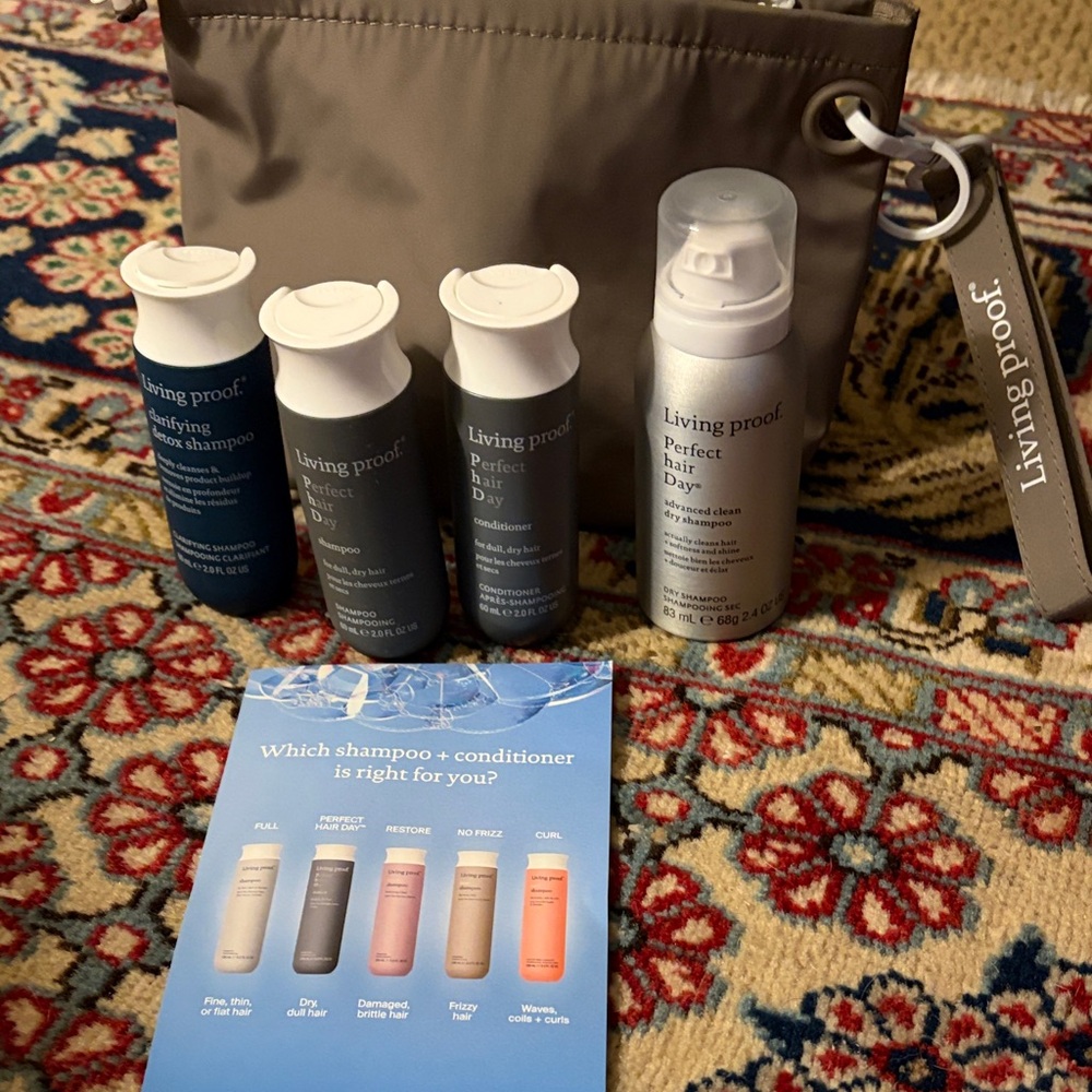 Living Proof Hair Care Collection with Taupe Bag w mini set of 4 Products. New!
